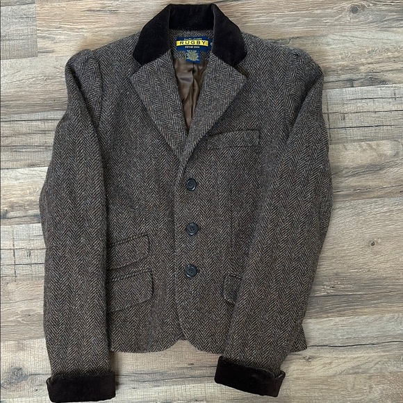 Rugby Brown Tweed Blazer with Black Velvet Trim - Picture 1 of 3